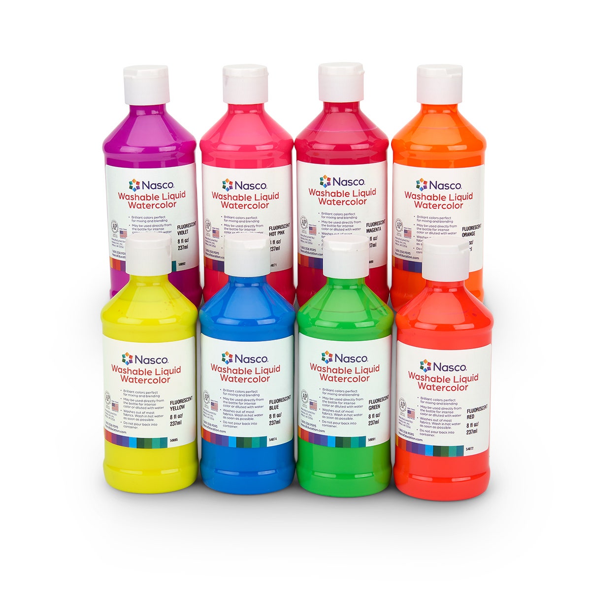 9729075-Nasco Washable Liquid Watercolors - Neon - 8 oz. Bottles - Set of 8