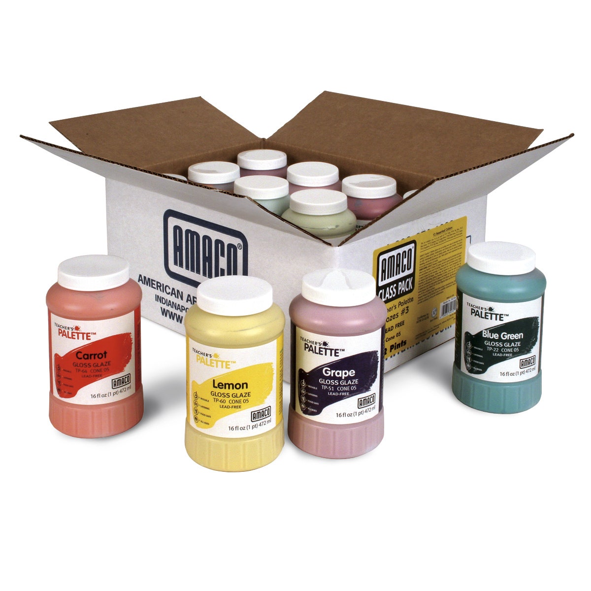 X00009730309-AMACO® Lead-Free Teacher’s Palette® Low-Fire Glaze - Set of 12