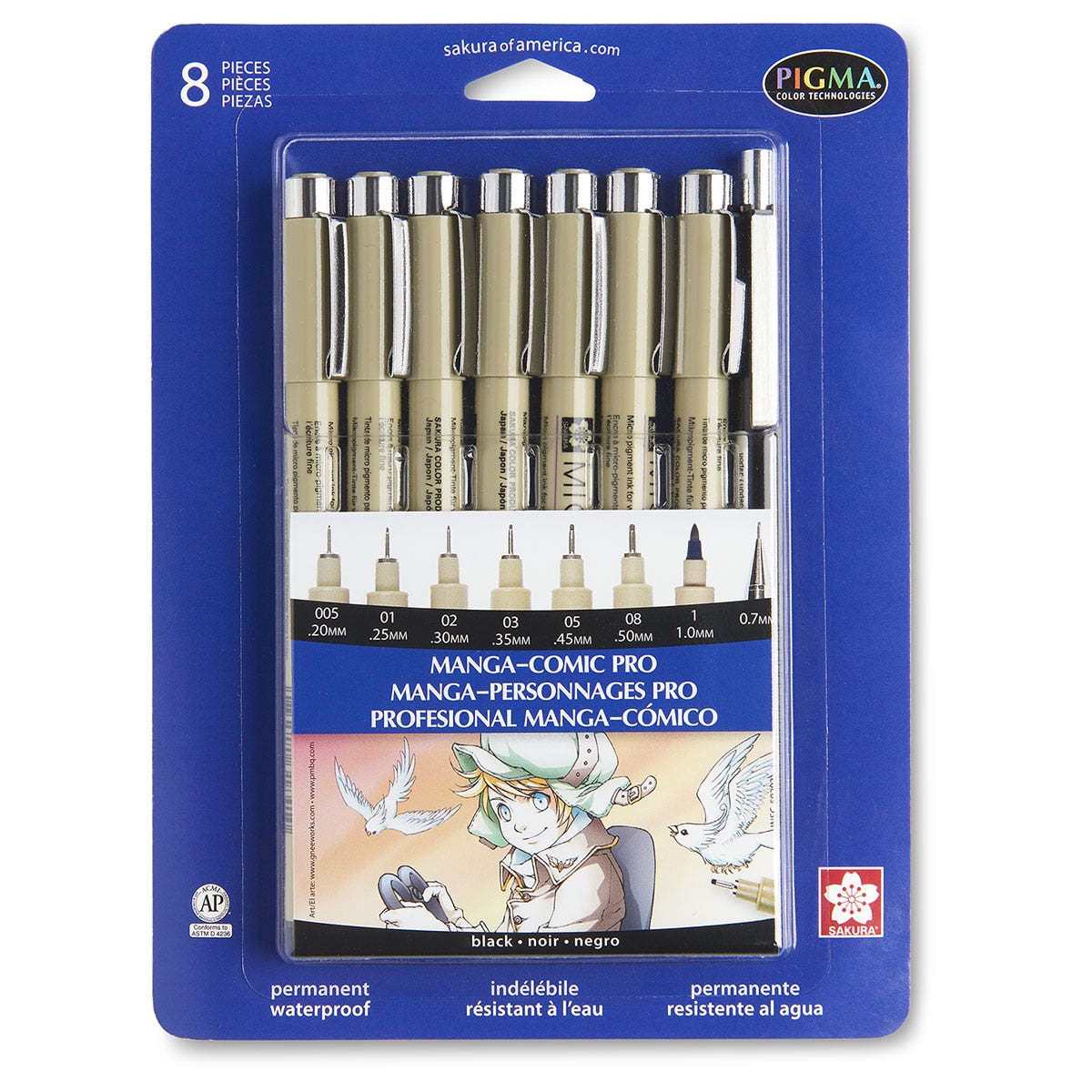 9734232-Sakura® Pigma® Micron® Permanent Pens - Set of 8 - Black Manga Comic Pro