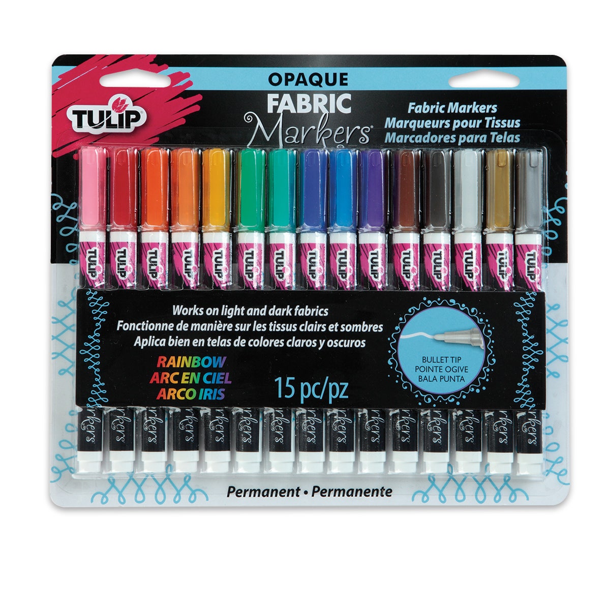 9737107-Tulip® Fabric Markers® Set of 15 Opaque Rainbow - Bullet Tip
