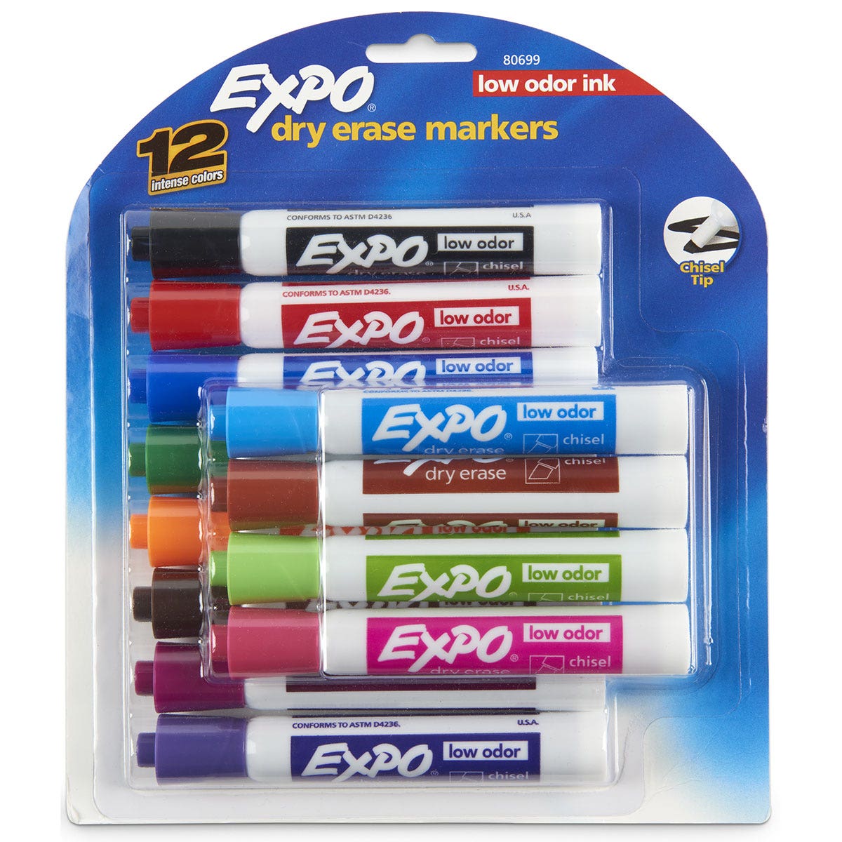 BE01636-EXPO® Low-Odor Dry-Erase Markers - Chisel Tip - Set of 12 Intense Colors