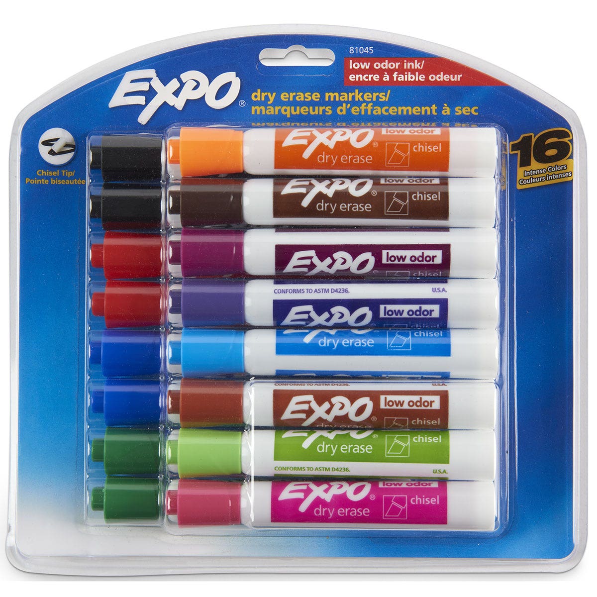BE01637-EXPO® Low-Odor Dry-Erase Markers - Chisel Tip - Set of 16 Intense Colors