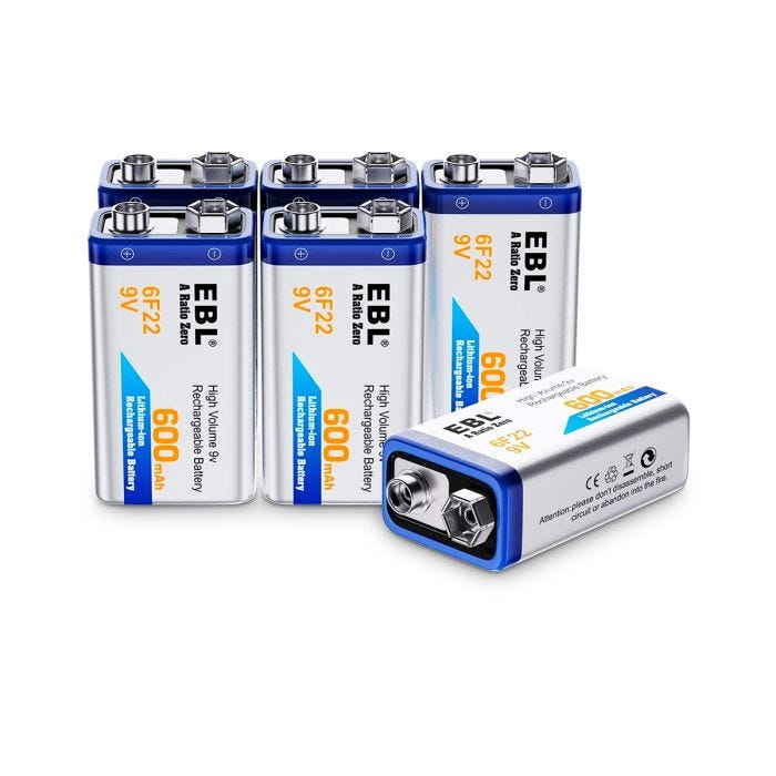 9V Rechargeable Li-Ion Batteries 6-Pack
