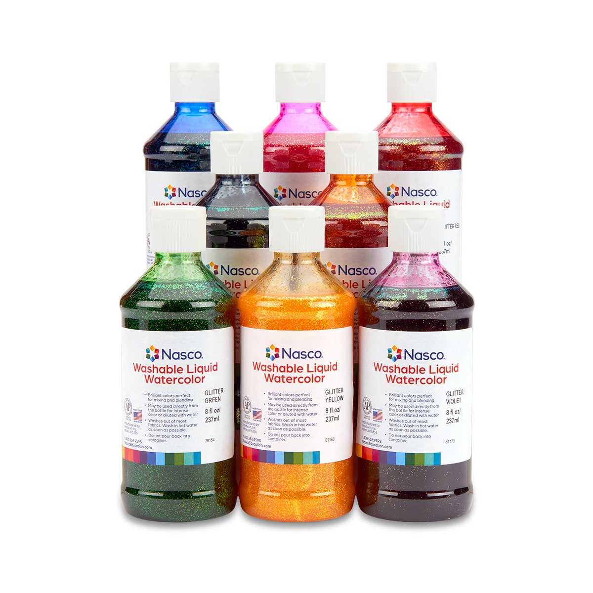 NE20721-Nasco Washable Liquid Watercolors - Glitter - 8 oz. Bottles - Set of 8