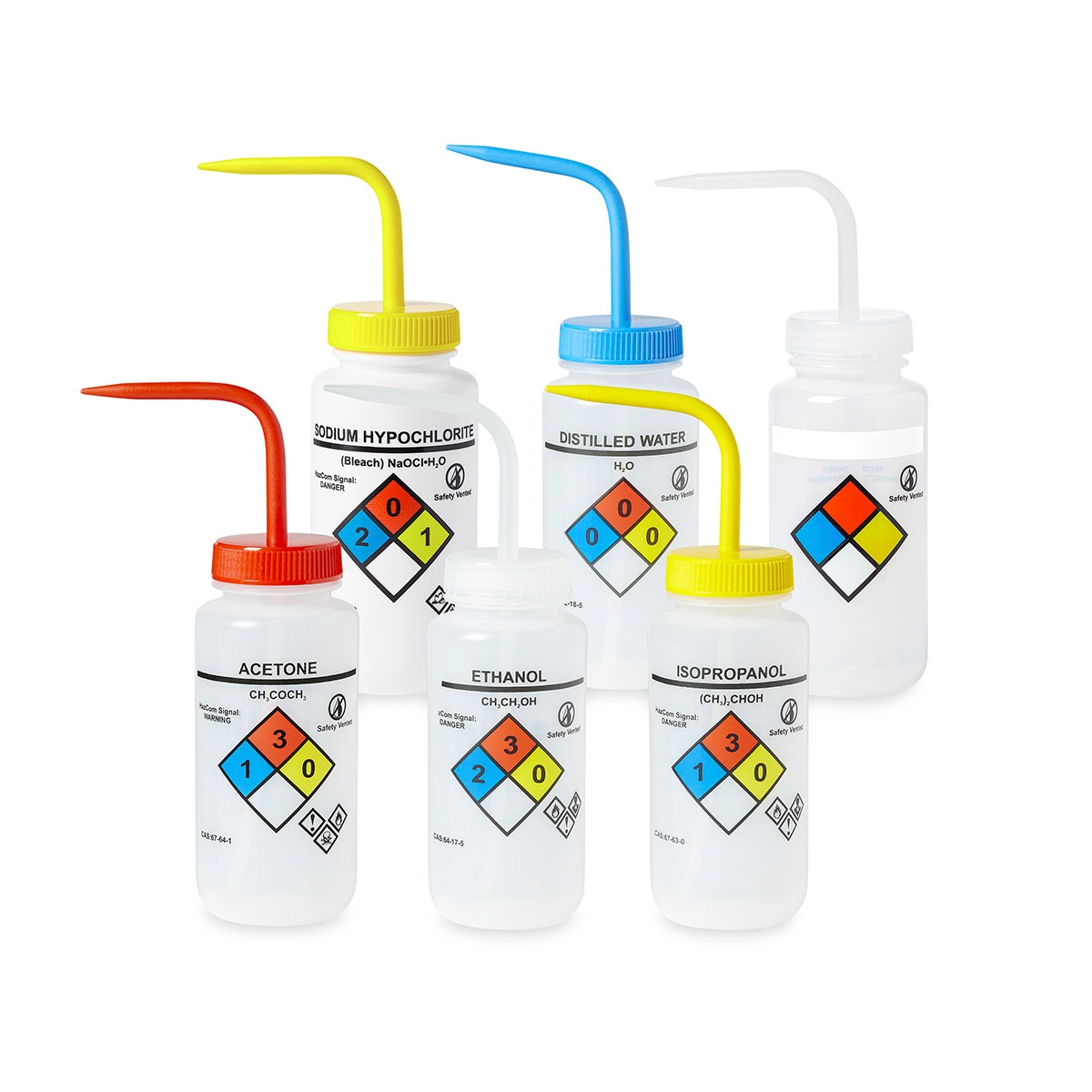 NE30734-United Scientific® UniSafe™ Wash Bottles - Assorted - Set of 6
