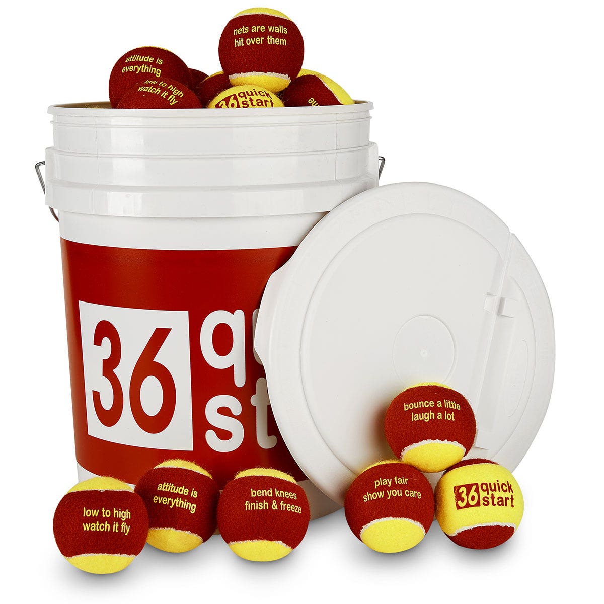 PE09432-Quick Start 36 Red Felt Balls with Slogans - 48-Ball Bucket