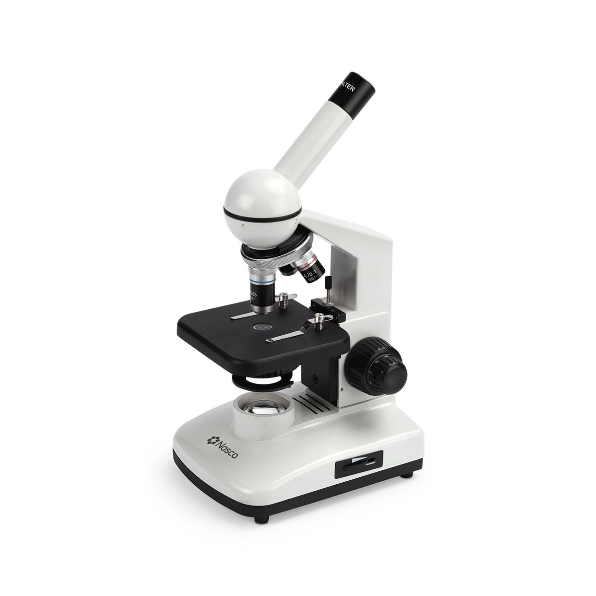 SB41037-Nasco Middle School LED Standard Microscope - Monocular, 0.65 N.A. Condenser w/Iris Diaphragm, LED Cordless Illumination - 110V