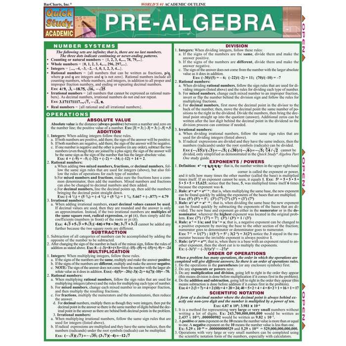 Pre-Algebra Quick Study Chart - Nasco Education