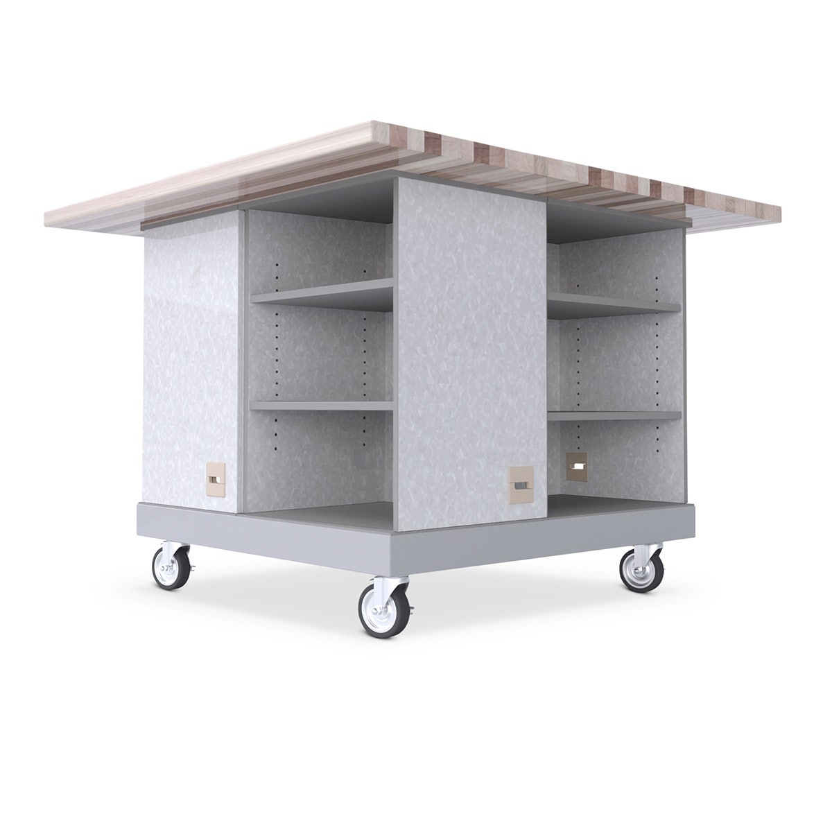 Z52062-Quad Pod Makerspace Table with 4 Pods Containing 2 Shelves Each